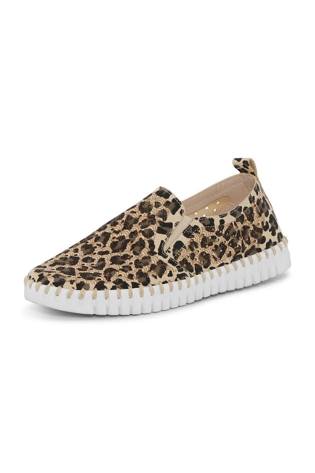 Leopard print slip-on sneaker with white sole on a white background