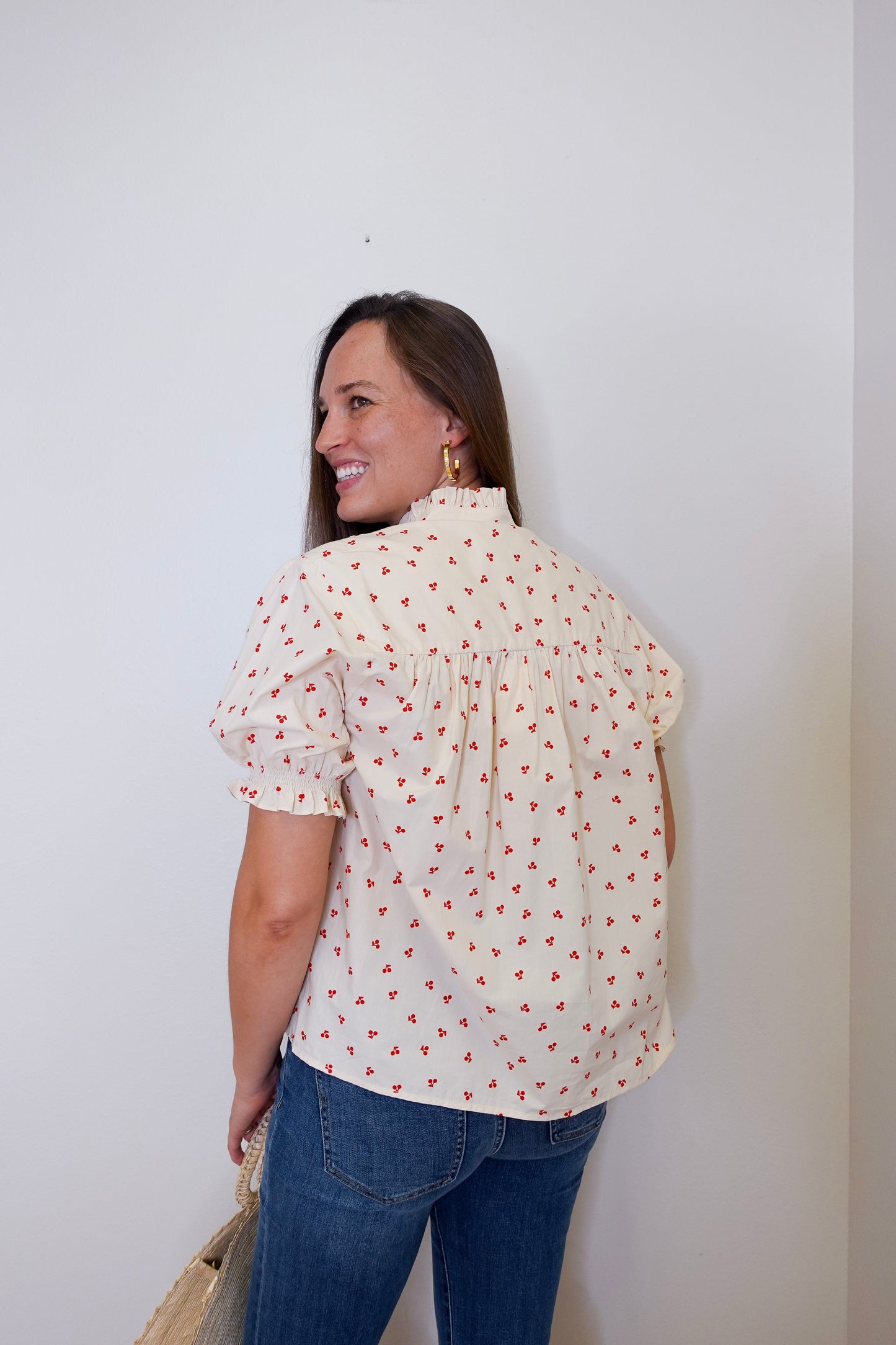 Puff Sleeve Ruffle Neck Blouse