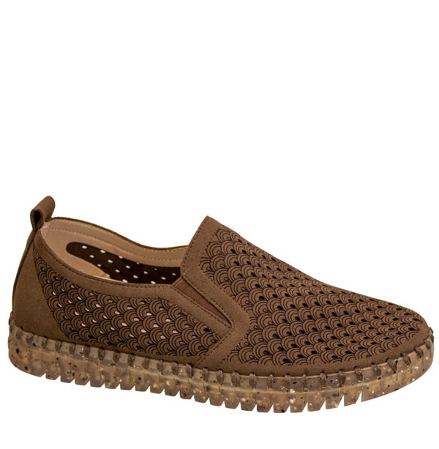 Brown slip-on shoe with textured sole on a white background