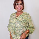 L/S Shirred Woven Tie Front Blouse