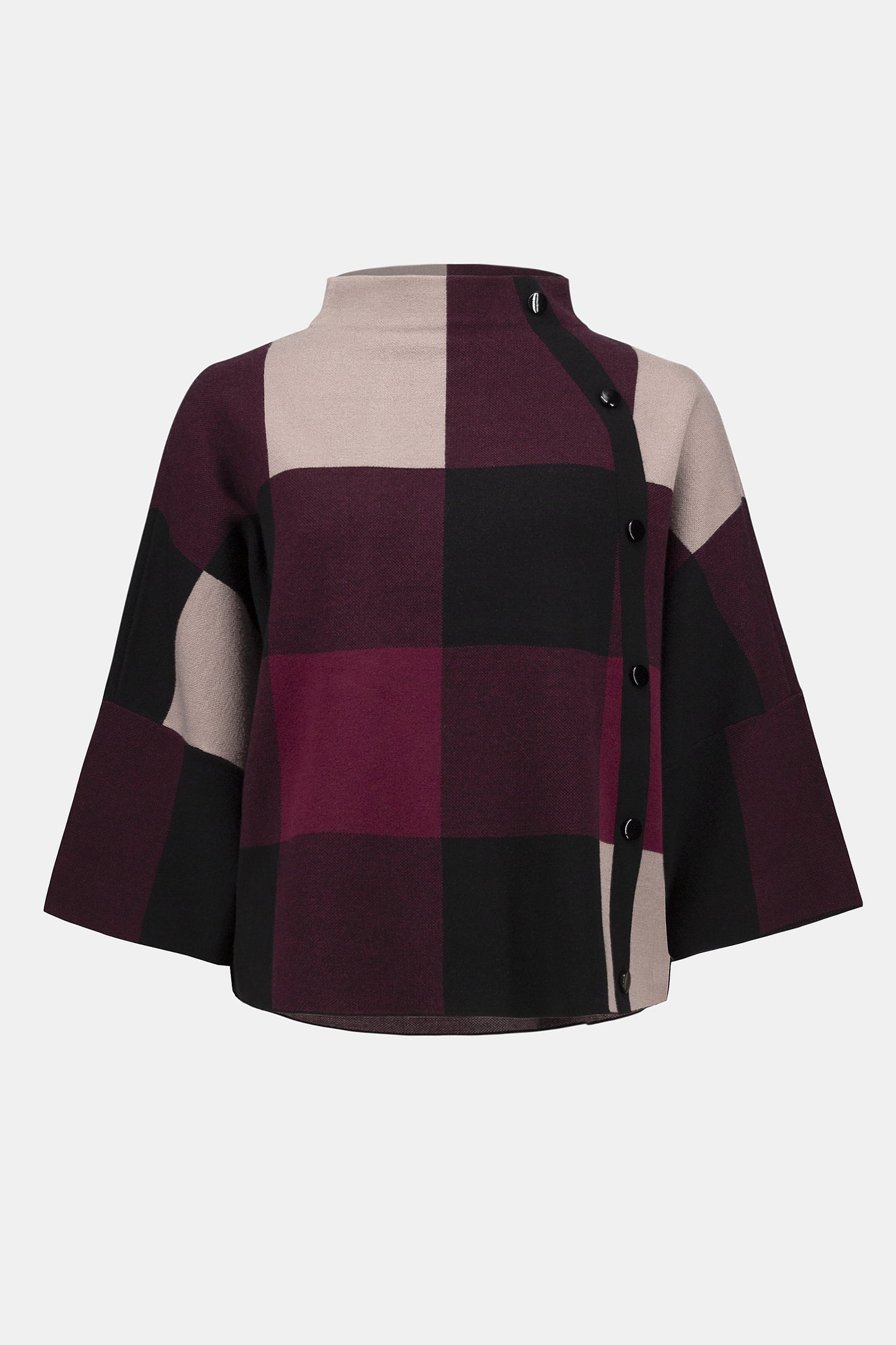 Plaid patterned blouse with a high collar on a white background