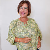 L/S Shirred Woven Tie Front Blouse