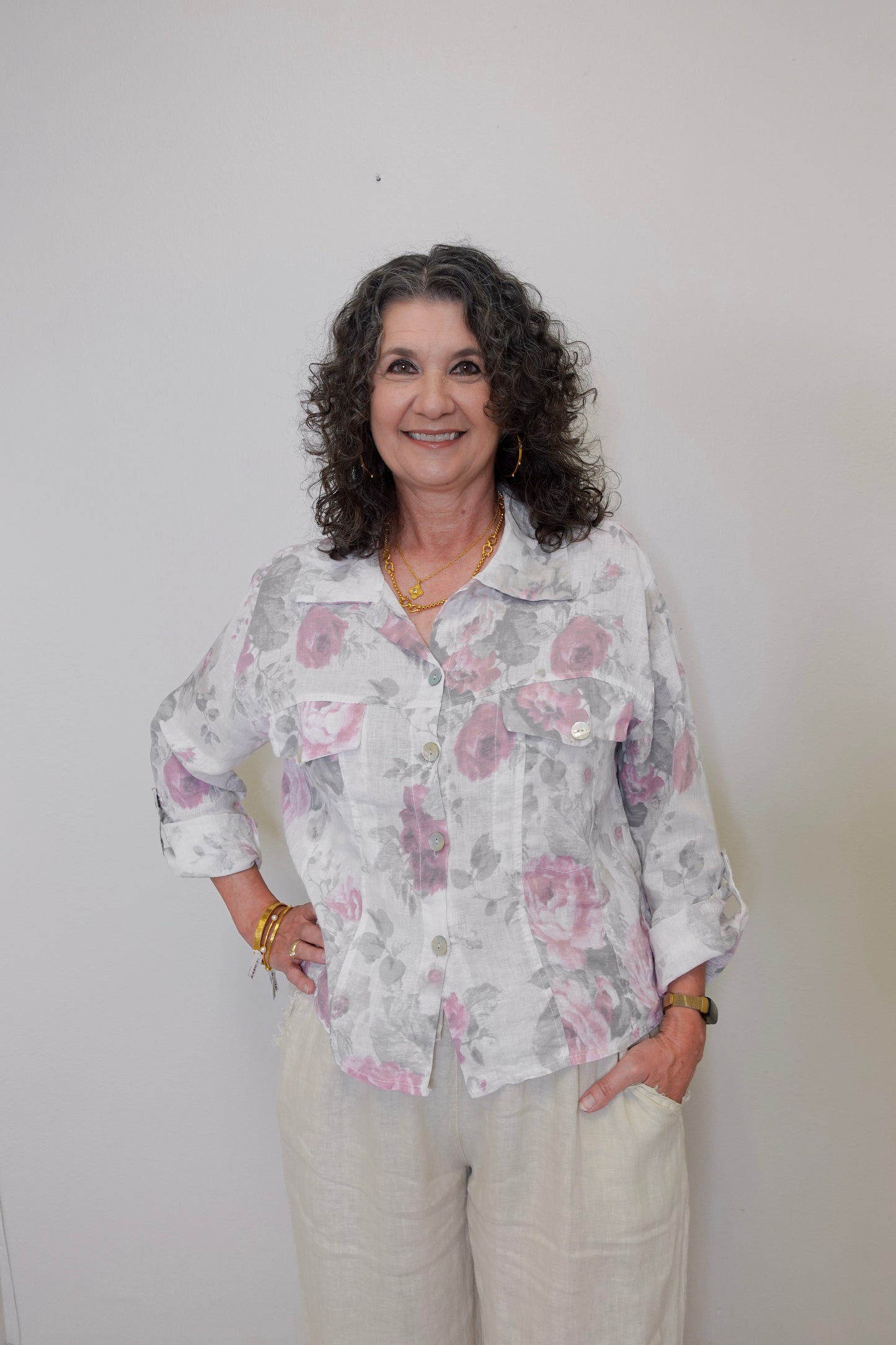 Vintage Linen Floral Button Down Top