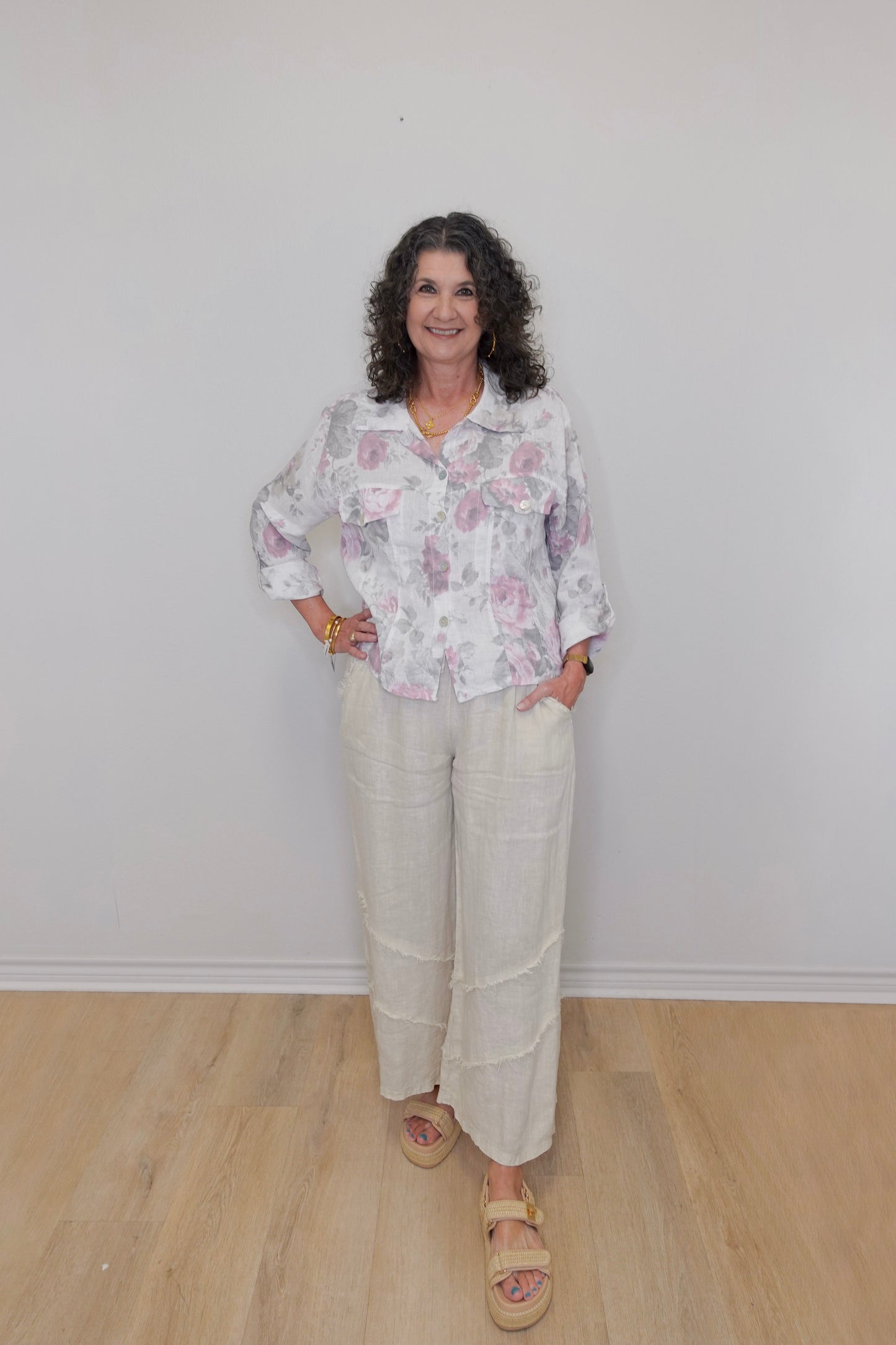 Vintage Linen Floral Button Down Top