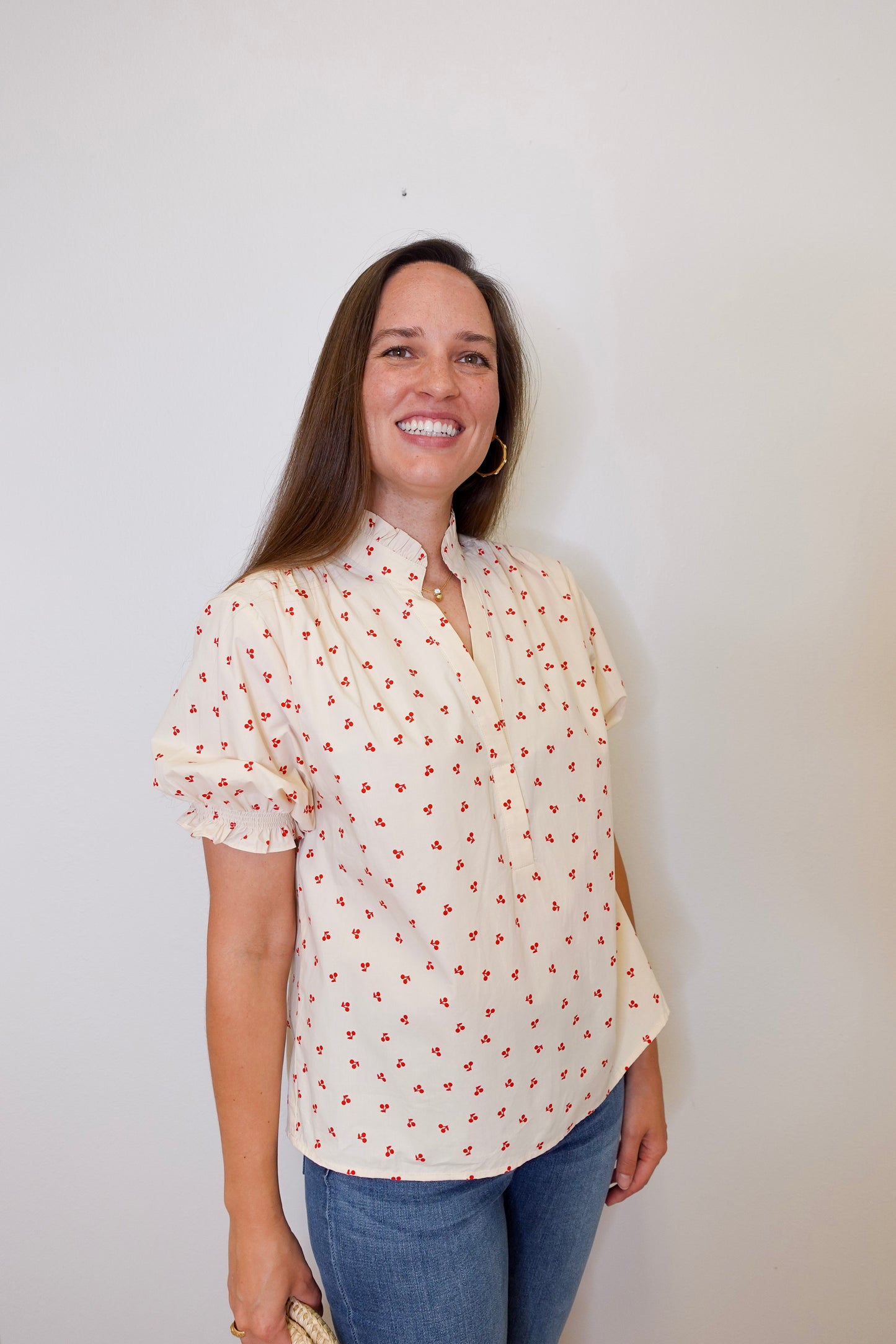 Puff Sleeve Ruffle Neck Blouse