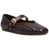 Brown woven flat shoe with gold buckle on a white background
