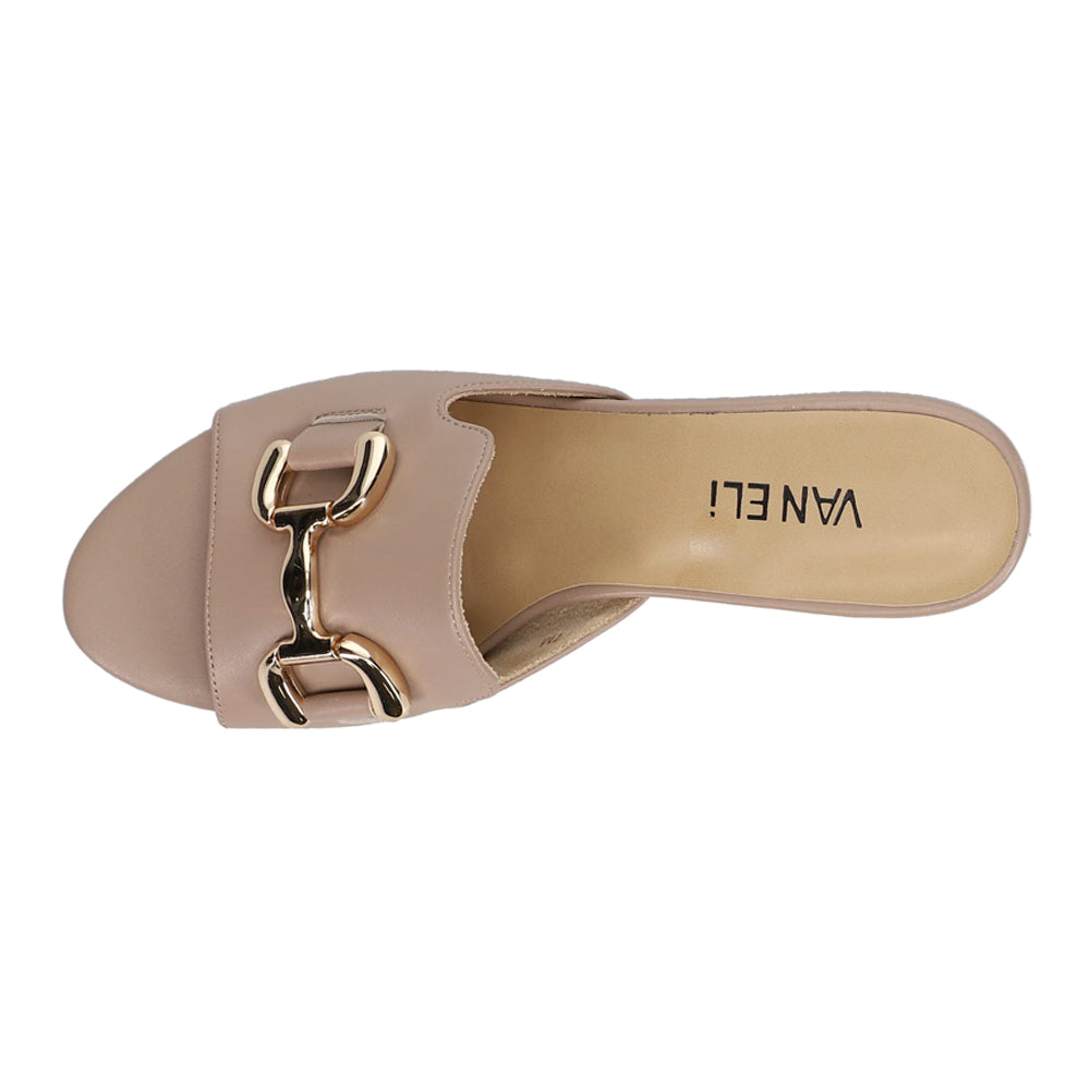 Beige sandal with gold buckle on a white background