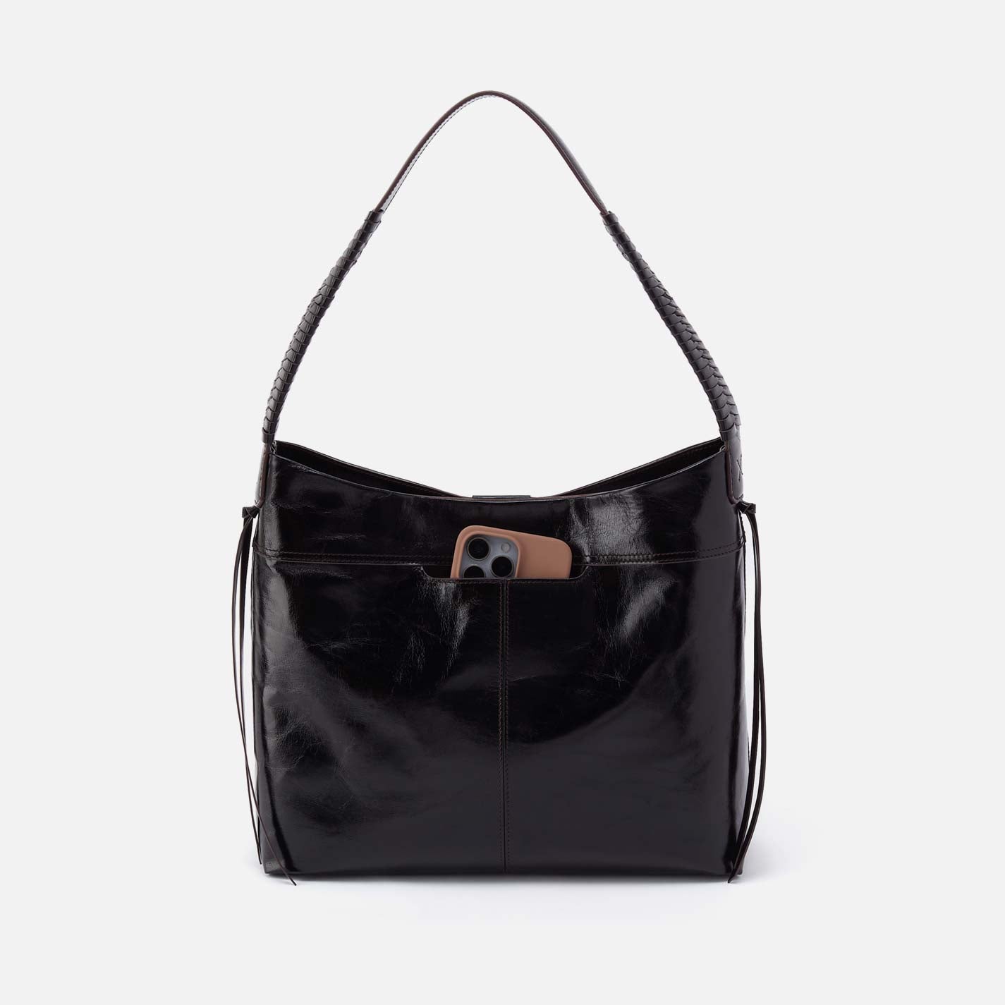 Black handbag with a phone pocket on a white background