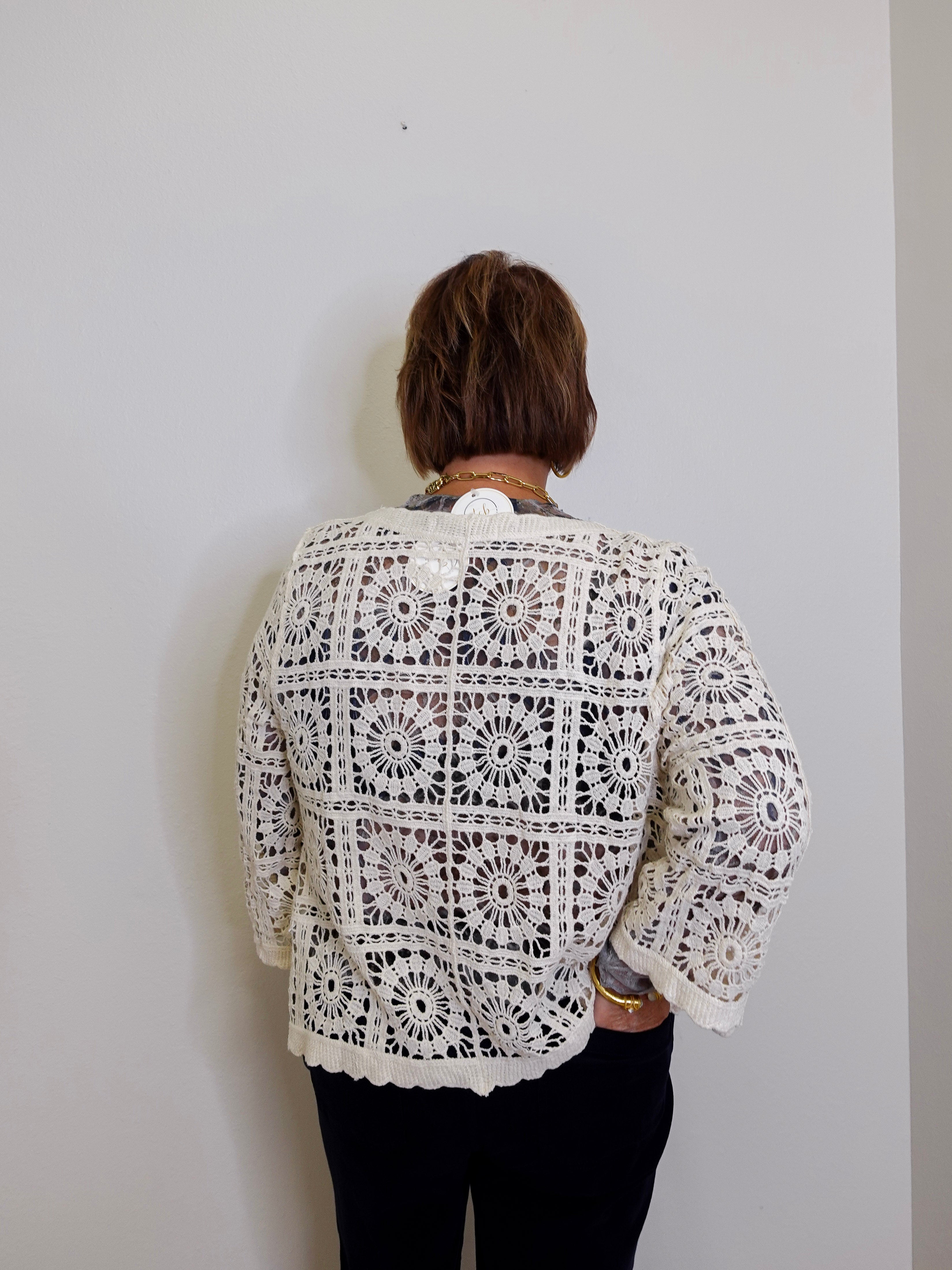 Person wearing a white crochet cardigan against a plain background