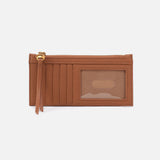 Brown leather wallet with a strap on a white background