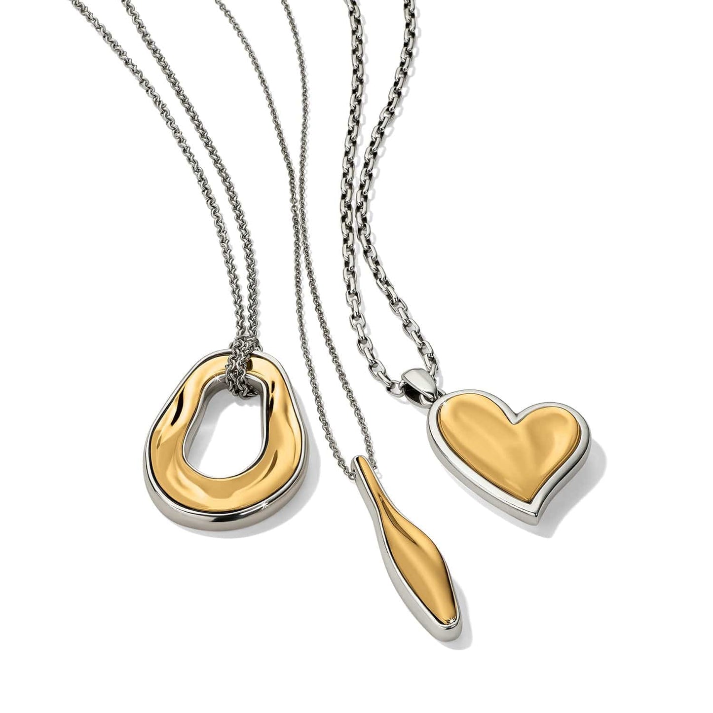 Two necklaces with gold pendants on white background