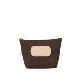 Brown pouch with a beige patch on a white background