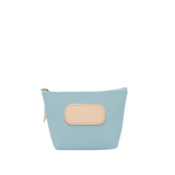 Light blue pouch with a beige patch on a white background