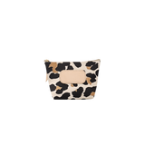 Leopard print pouch with beige flap on a white background