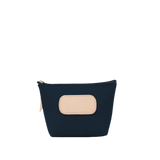 Navy blue pouch with a beige patch on a white background