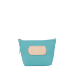 Turquoise pouch with beige patch on a white background