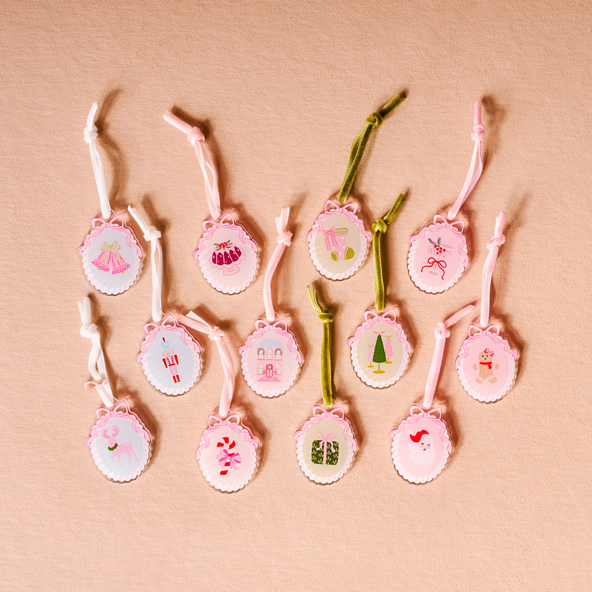 Set of decorative items with various designs on a beige background