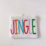Pouch with 'JINGLE' text in colorful beads on a light gray background