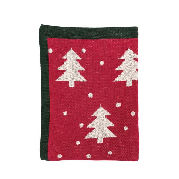 Red blanket with white Christmas tree patterns on a white background