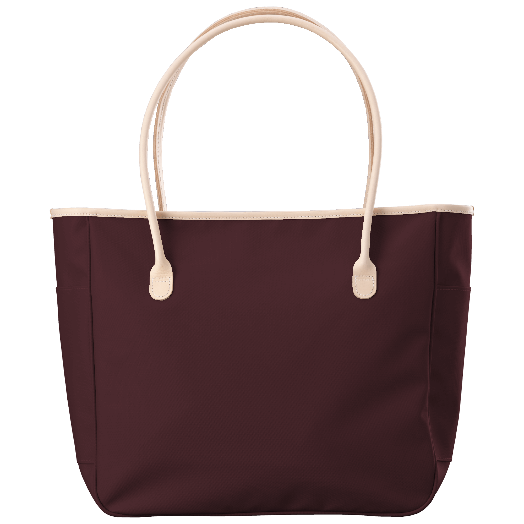 Maroon tote bag with beige handles on a transparent background