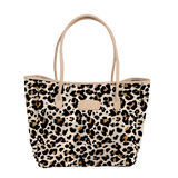 Leopard print tote bag with beige handles on a white background
