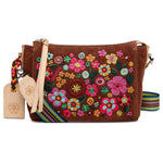 Brown handbag with colorful floral embroidery on a white background