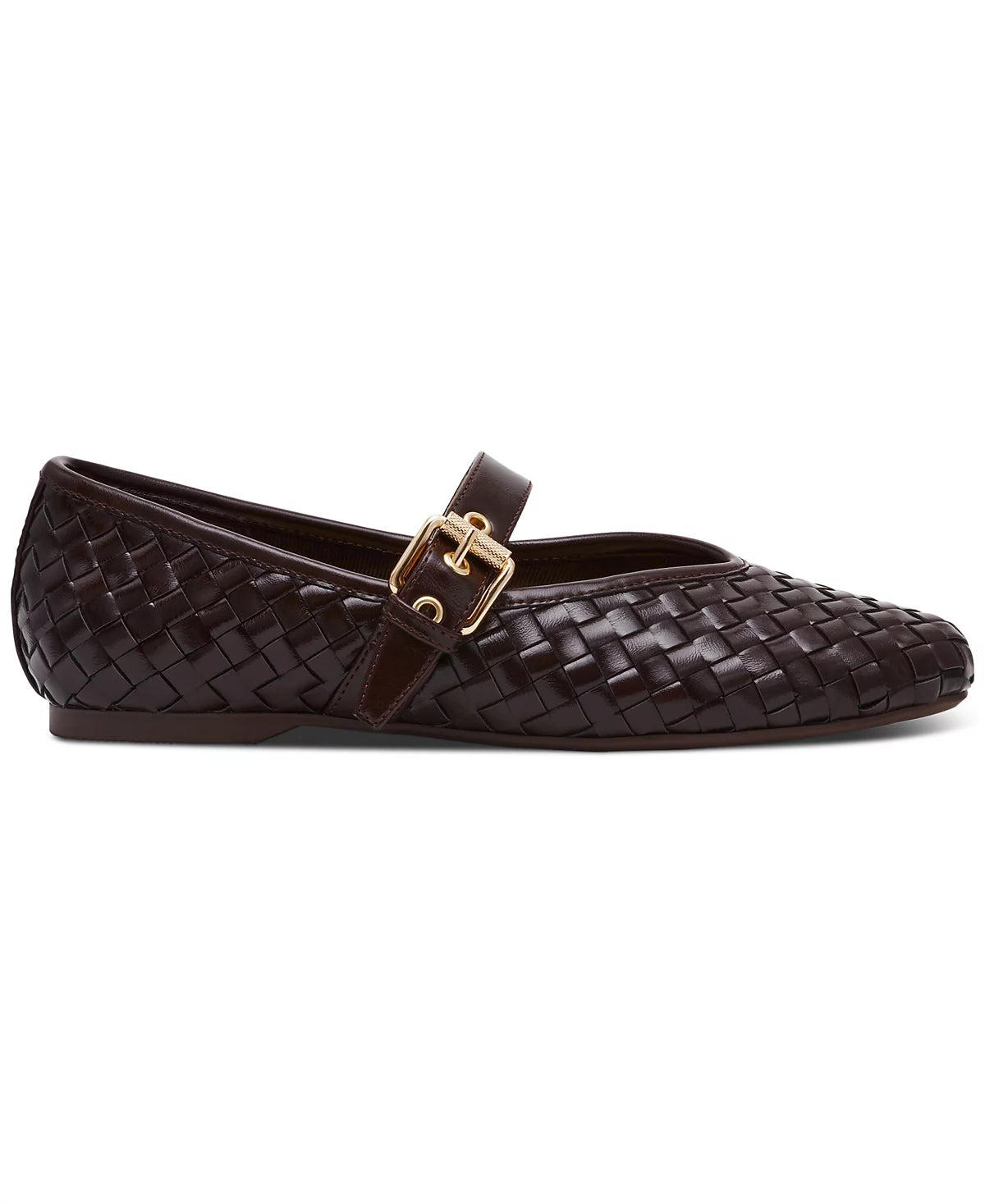 Brown woven flat shoe with a gold buckle on a white background