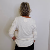 Person wearing a white long-sleeve shirt against a plain white wall