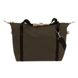 Brown bag with black straps on a white background