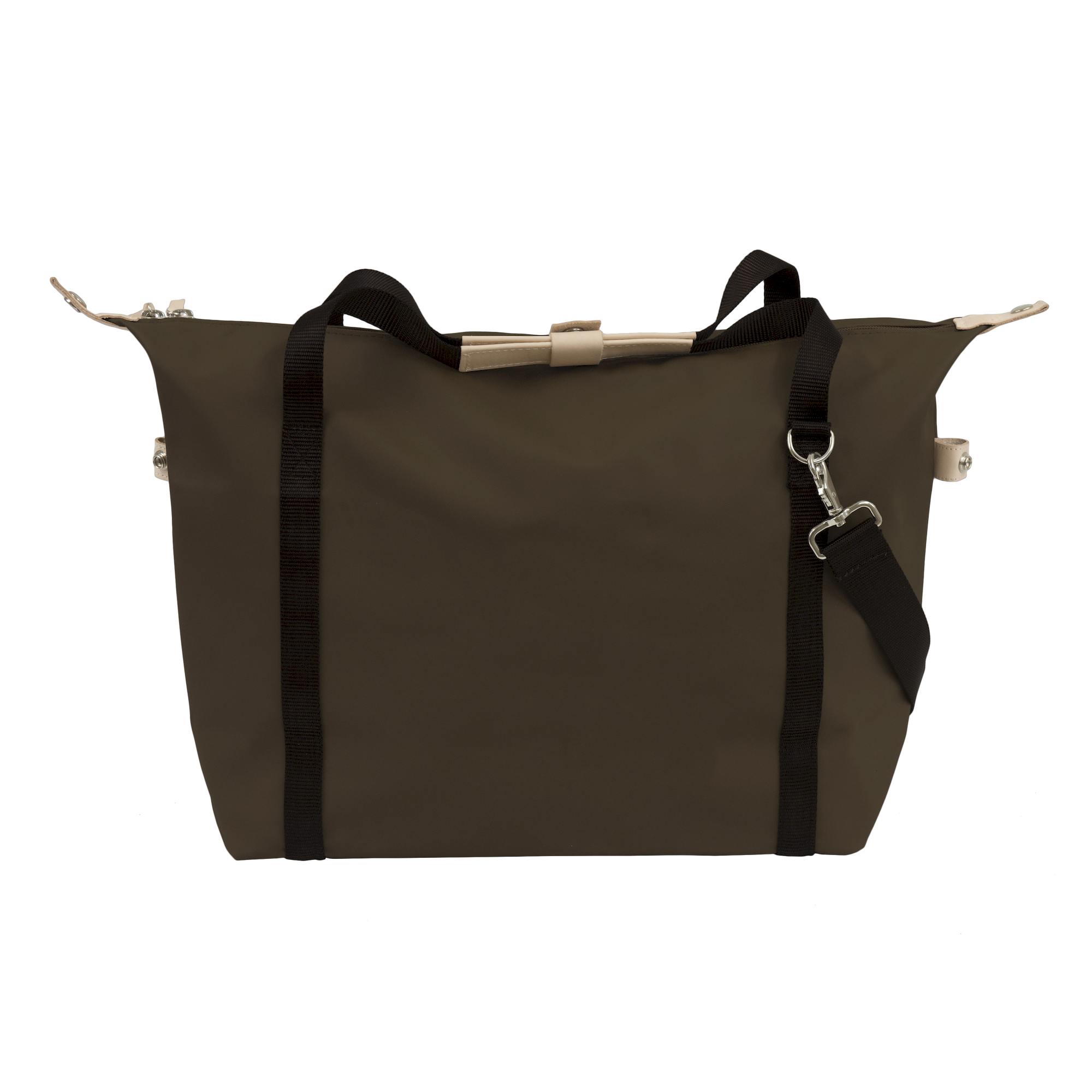 Brown bag with black straps on a white background
