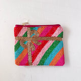 Colorful beaded pouch with a bow on a white background