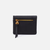 A black leather wallet with a zipper closure and a tassel detail on the front.