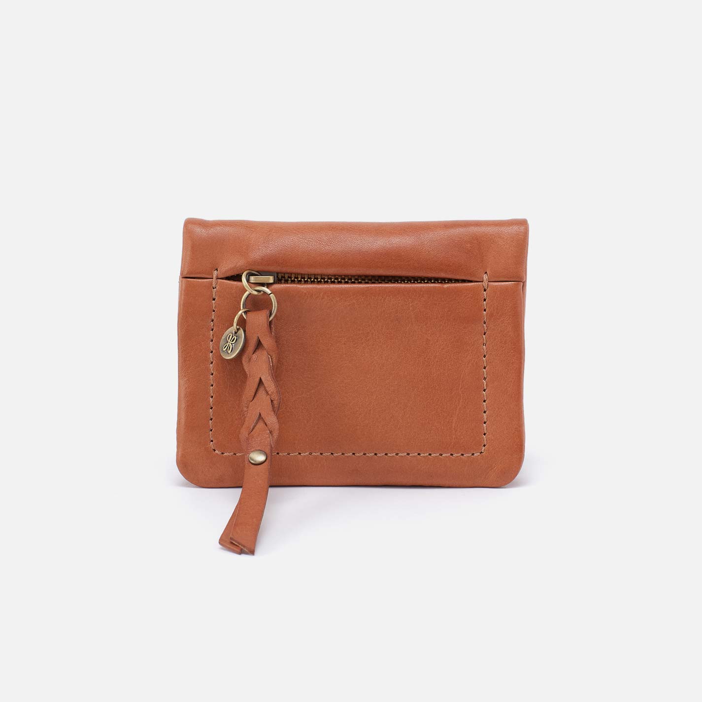 Brown leather pouch with a strap on a white background