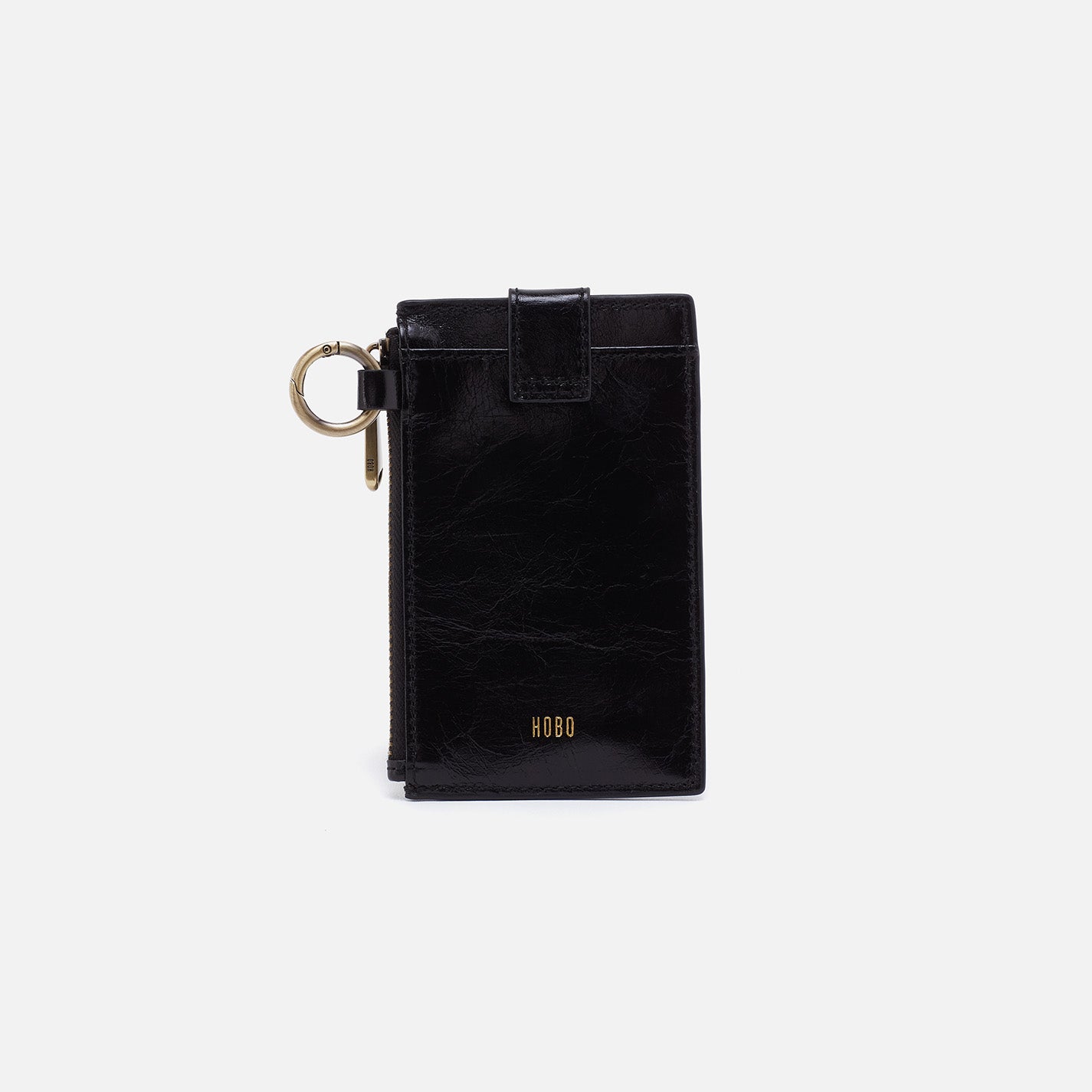 Black wallet with keychain on a white background