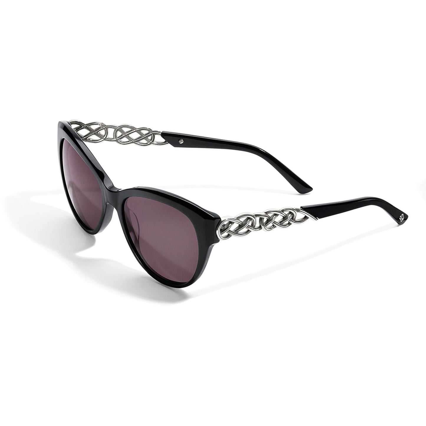 Black cat-eye sunglasses with silver chain design on a white background