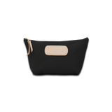 Black pouch with beige patch and zipper on a white background