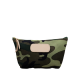 Camouflage-patterned pouch with a beige patch on a white background