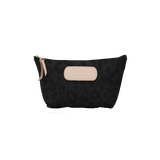 Black pouch with beige zipper and patch on a white background