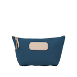 Blue pouch with beige patch on a white background
