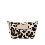Leopard print pouch with beige flap on a white background