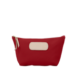Red pouch with a beige patch and zipper on a white background