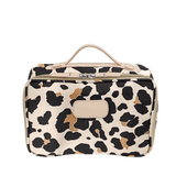 Leopard print toiletry bag with beige handle on a white background