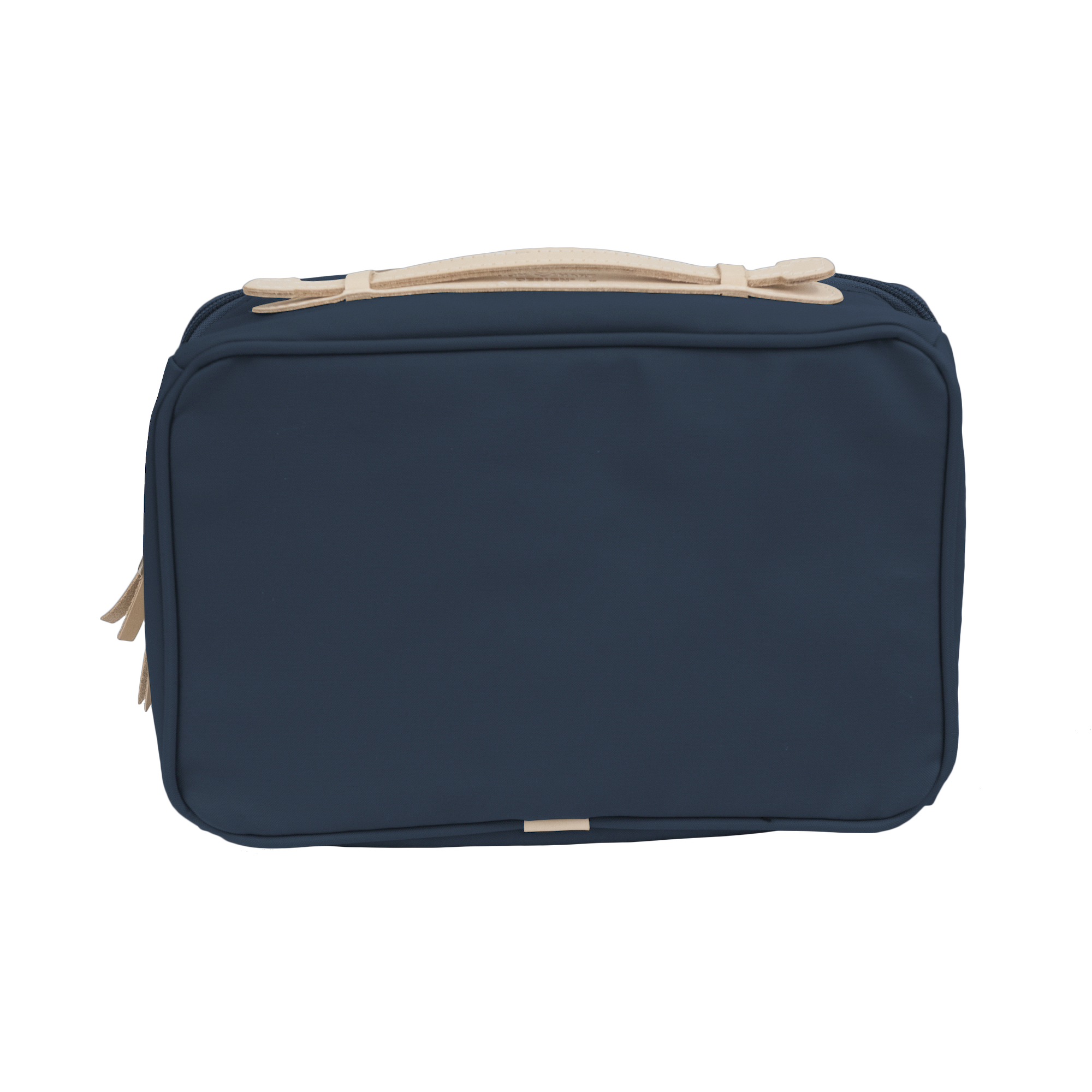 Navy toiletry bag with beige accents on a white background