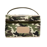 Camouflage-patterned lunch bag with a beige patch on a black background