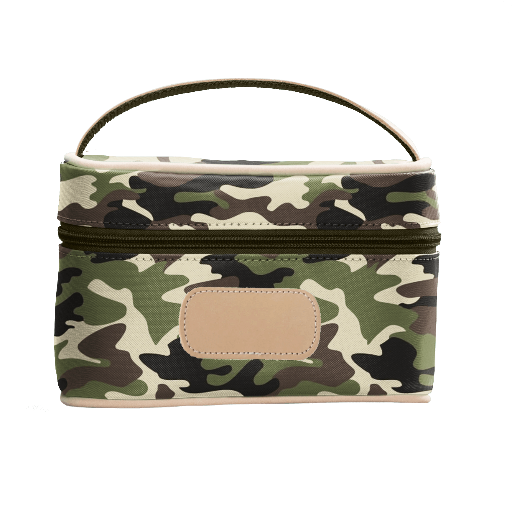 Camouflage-patterned lunch bag with a beige patch on a black background