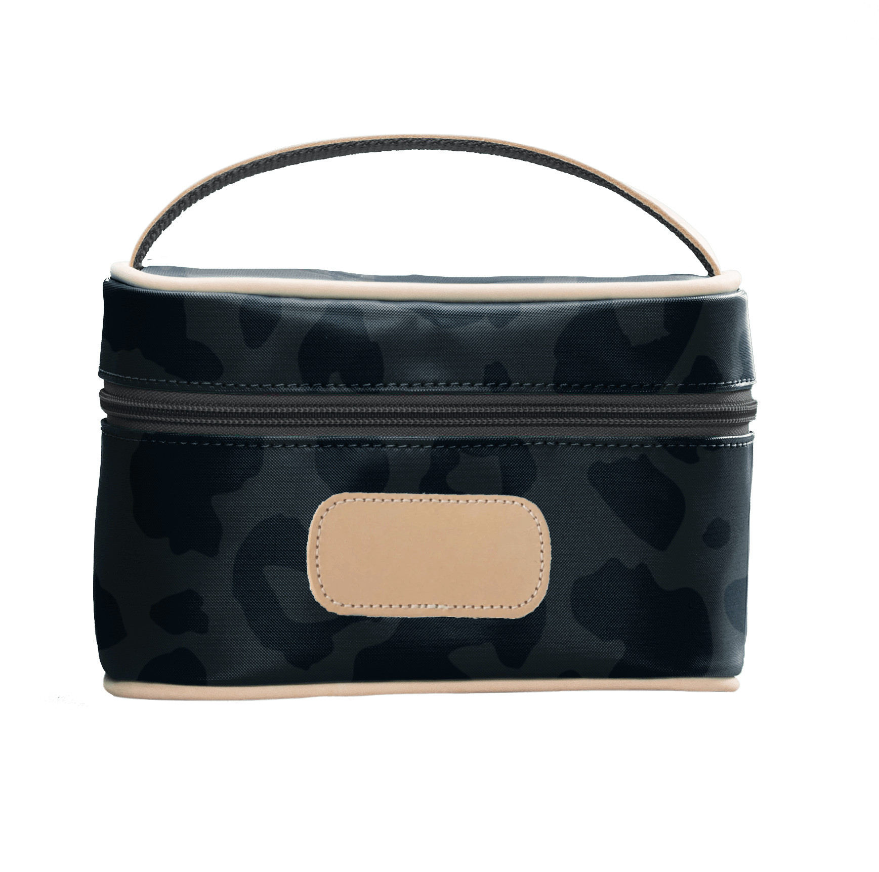 Camouflage-patterned cosmetic bag with a beige patch on a black background