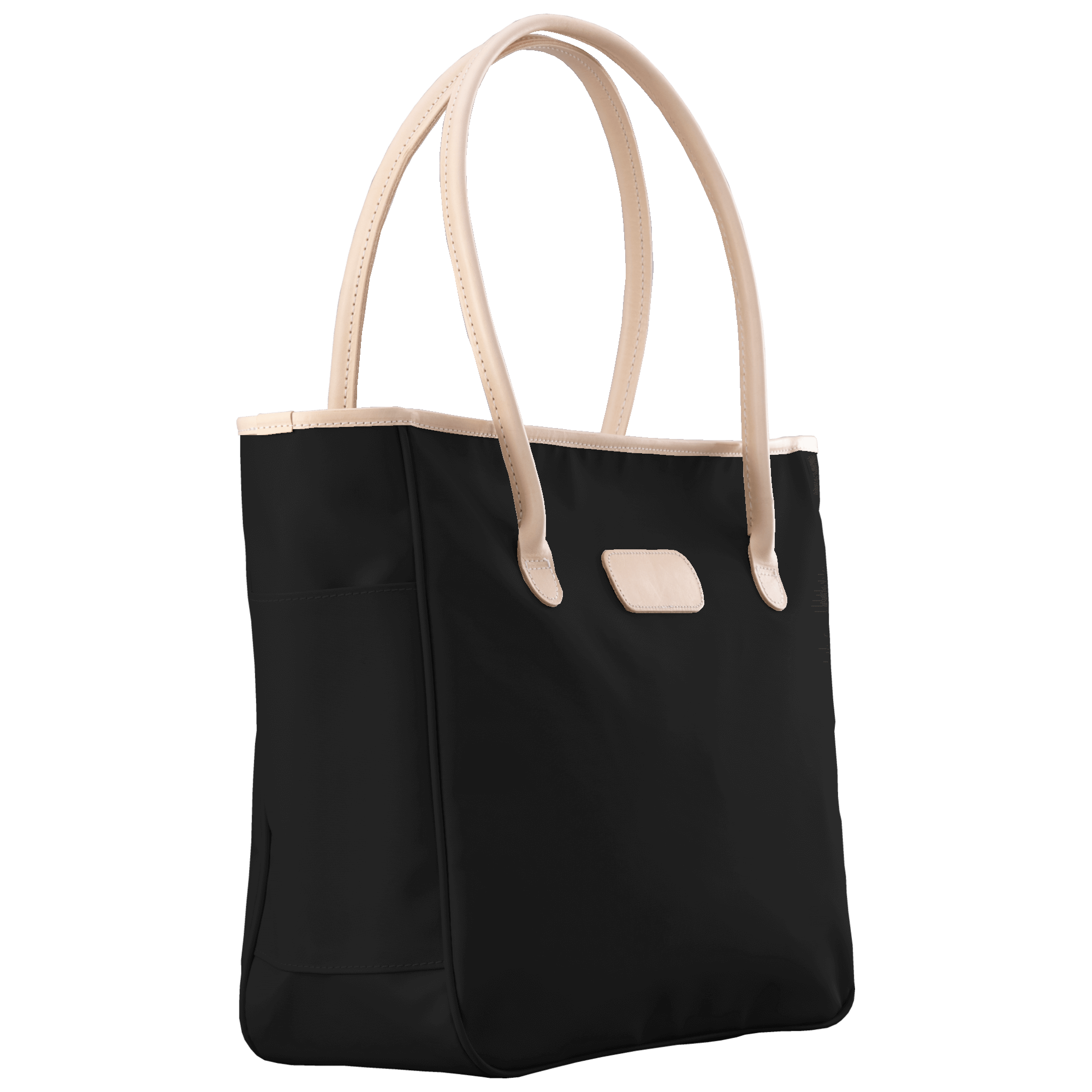 Black tote bag with beige handles on a transparent background