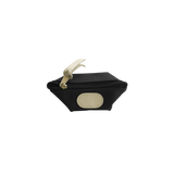 Black pouch with beige strap and patch on a white background
