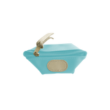 Small turquoise pouch with gold zipper and patch on a white background