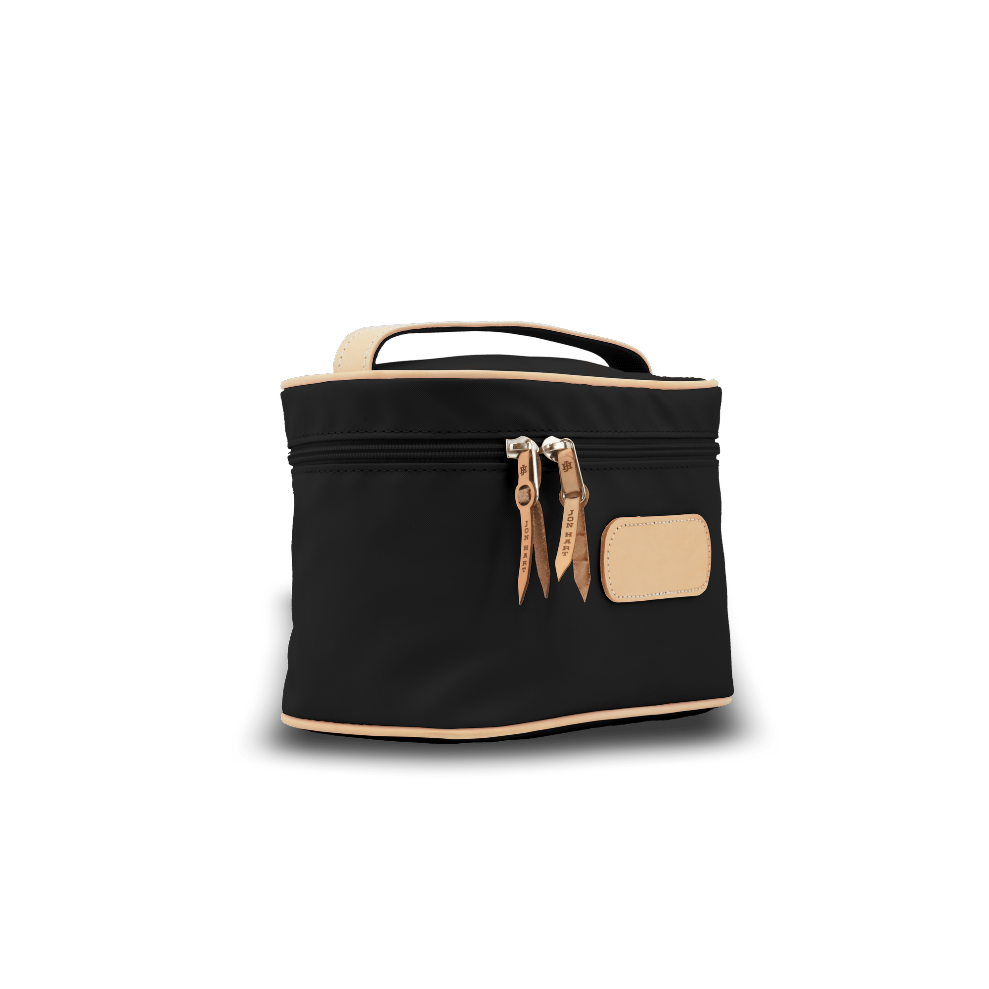 Black cosmetic bag with beige accents on a white background